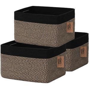 COMFY-HOMI 3PACK Cotton Rope Square Basket with Handles for Shelves| Dog Toy Bin and Storage| Baby Gift| Shoe Organizer| New 13.5" x 11" x 9.5" for Living Room (Black/Jute)