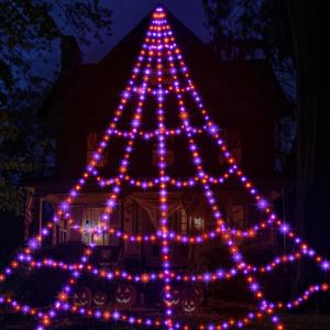 LED Spider Web Lights for Halloween Decorations Outdoor - 616 LEDs, 8 Lighting Modes, 16.4 Ft Light Up Giant Web (Purple & Orange)