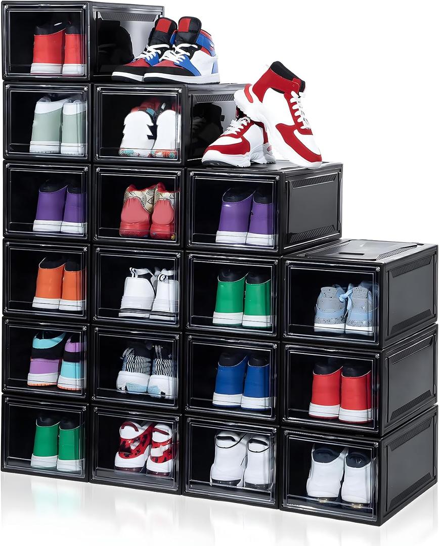 MMBABY 12 Pack Acrylic Black Shoe Boxes– Ultra Plastic Stackable Sneaker Storage For Sneakerhead. Professional Grade Shoe Display Case with Clear Magnetic Door.Fits US Size 15