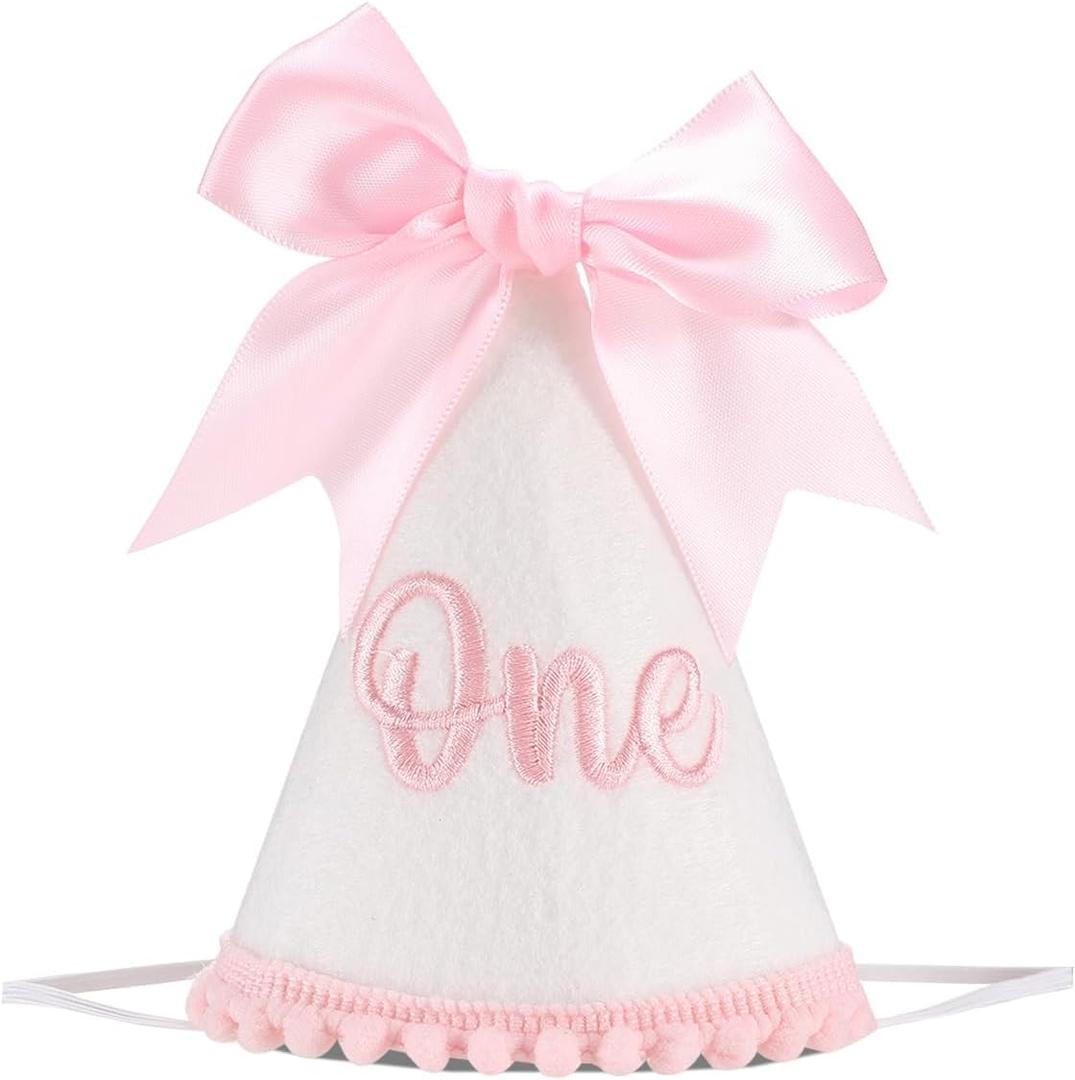 Pink Bow 1st Birthday Hat, Bow Girl 1st Birthday Hat, Pink Themed Decoration, Baby Girl Party Hat, Cake Smash Outfit(CXMZ-ONE-HDJ)