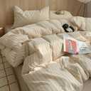 Nayoroom Striped Duvet Cover Queen Size 100% Washed Cotton Beige Duvet Cover with Black White Stripes Pattern Printed Comforter Cover 3 Pieces Soft Breathable Dorm Bedding Set for All Seasons