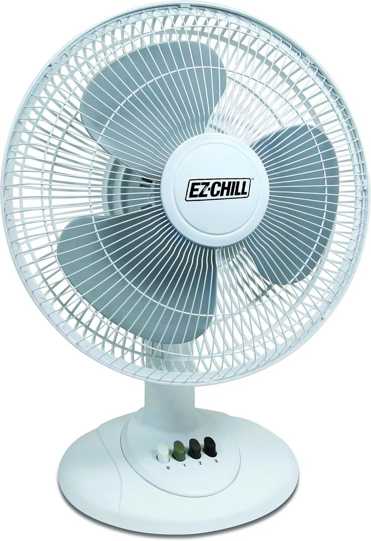 EZ-Chill 12 3-Speed Oscillating Table Fan with Adjustable Tilt, Convenient Push Button Controls, Quiet Operation, White, SB-MTSH05