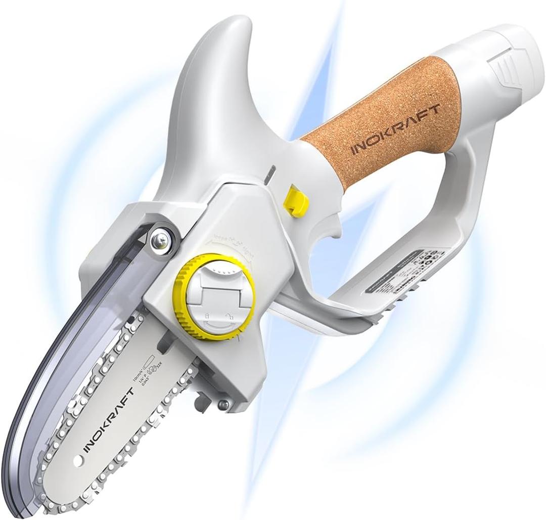 InoKraft Brushless 4" Cordless Mini Chainsaw, Portable Handheld Design for Tree Trimmer, Courtyard and Garden, with 2 Battery and Charger