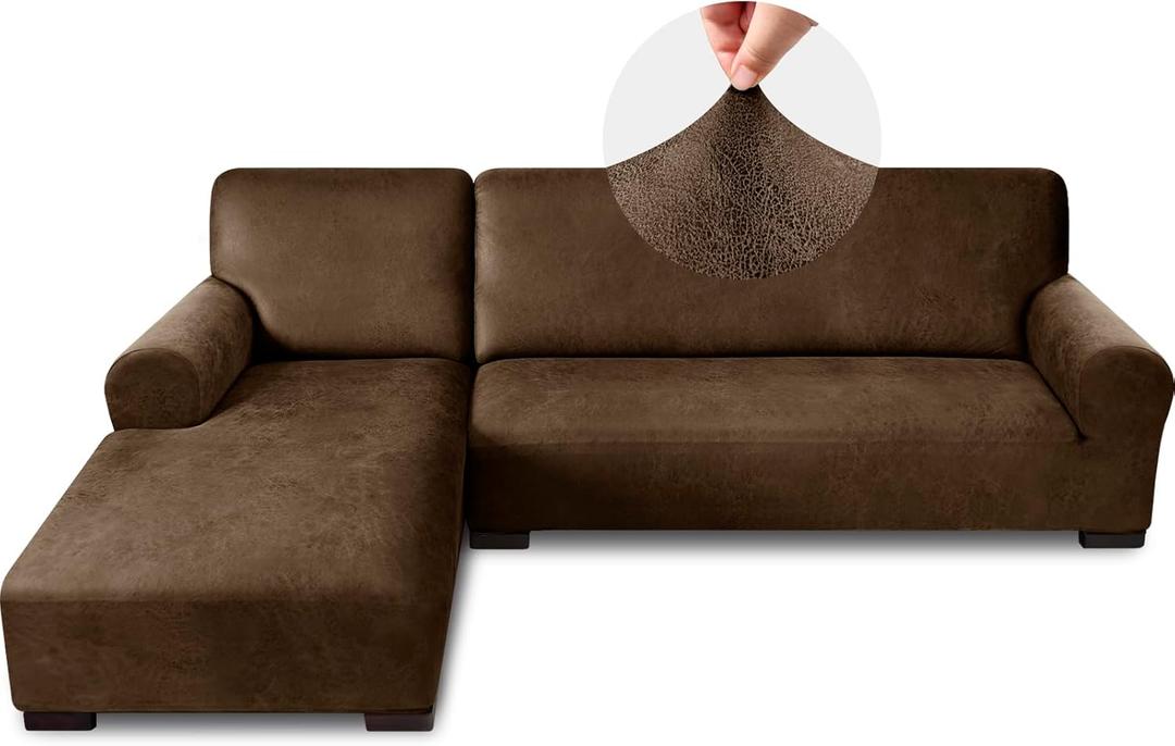 Sectional Couch Covers, Leather Look Sofa Cover L Shape 2PCS Soft Stretch Slipcover for Sectional Sofa, Non Slip Furniture Protector (3 Seat Sofa + 3 Seat Right Chaise, Dark Brown)