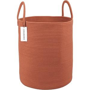 Cotton Rope Laundry Basket Hamper for Clothes Woven Storage Basket for Living Room Bedroom Boho Tall Rope Baskets for Blanket Toys Pillow Towels Baby Nursery Hamper Bin Large, Rust Red (Regular)