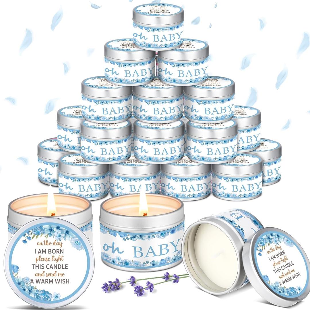 MTLEE 24 Pcs Flowers Baby Shower Party Favors Candles Lavender Scented Baby Shower Favors for Guests Rustic Tealights Candles Gender Reveal Return Gifts (1.2 oz, Blue)