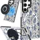 Cute Case for Samsung Galaxy S25 Ultra for Women Girls - Funny Blue Line Flower Design Compatible with Magsafe Magnetic Ring Holder Kickstand Fashion TPU Phone Covers