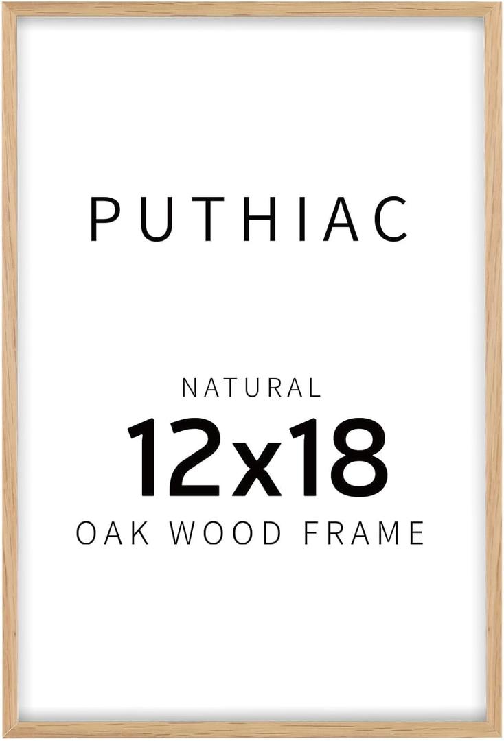 Puthiac 12x18 Solid Oak Wood Picture Frame, Fits 8x12 with Mat or 12x18 Without Mat, Wall Display Only, Vertical or Horizontal, Plexi Front, 1 Pack, Natural Oak