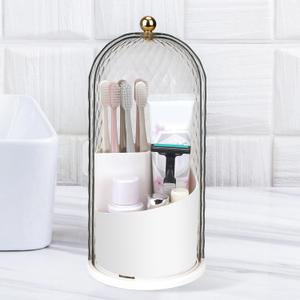 Toothbrush Holders with Sliding Lid, Rotating 3 Slots Bathroom Organizer Countertop, Tooth Brush Toothpaste Holder Bathroom Counter Stand Caddy for Vanity Makeup Brushes Holder (White)