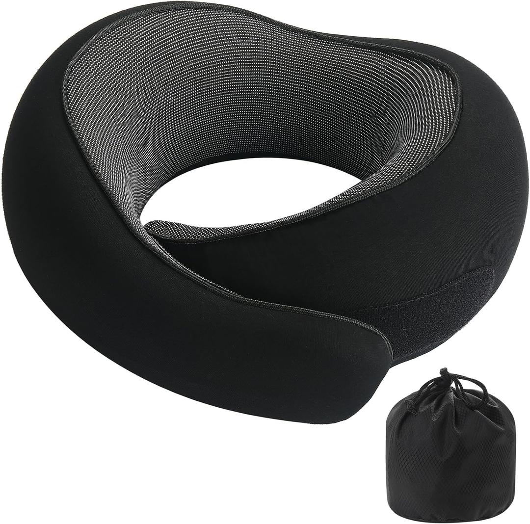 Badinkl Memory Foam Neck Travel Pillow, Neck Pillow Airplane with MagicStrap  Adjustable Ergonomic Travel Pillow for Office/Airplane/Car, Washable Cover, Portable Cervical Support Black