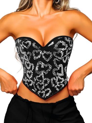 ChiaoLezhee Heart Corset Top For Women, Sexy Concert Outfits Going Out, Strapless Crop Top, Overbust Bustier,Black Sequin Velvet,X-Small