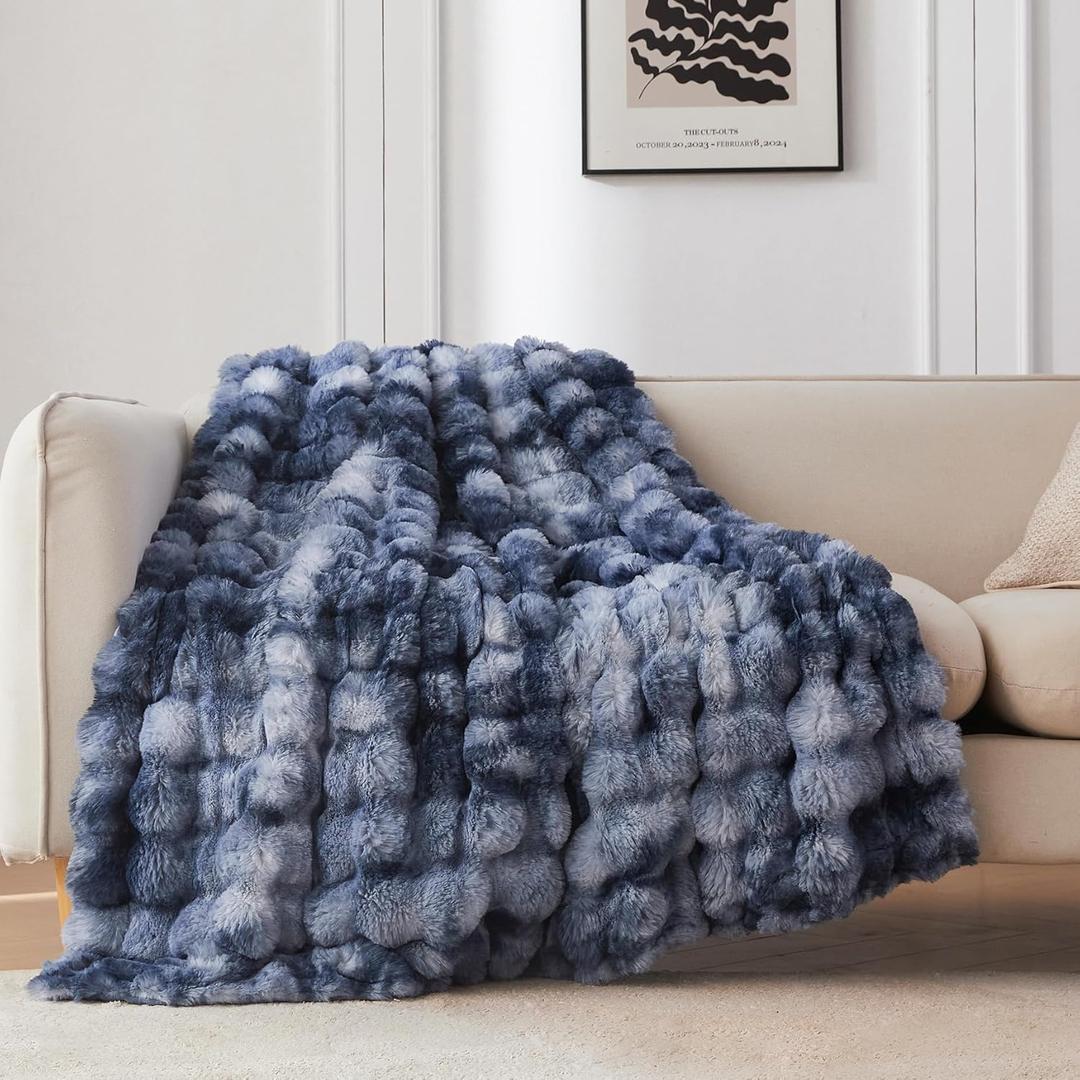 COOVA Faux Fur Throw Blanket for Couch, Cozy Soft and Fuzzy Plush Rabbit Fur Bubble Blanket for Sofa Bedroom Living Room, 60x80 Inches Tie Dye Light Blue