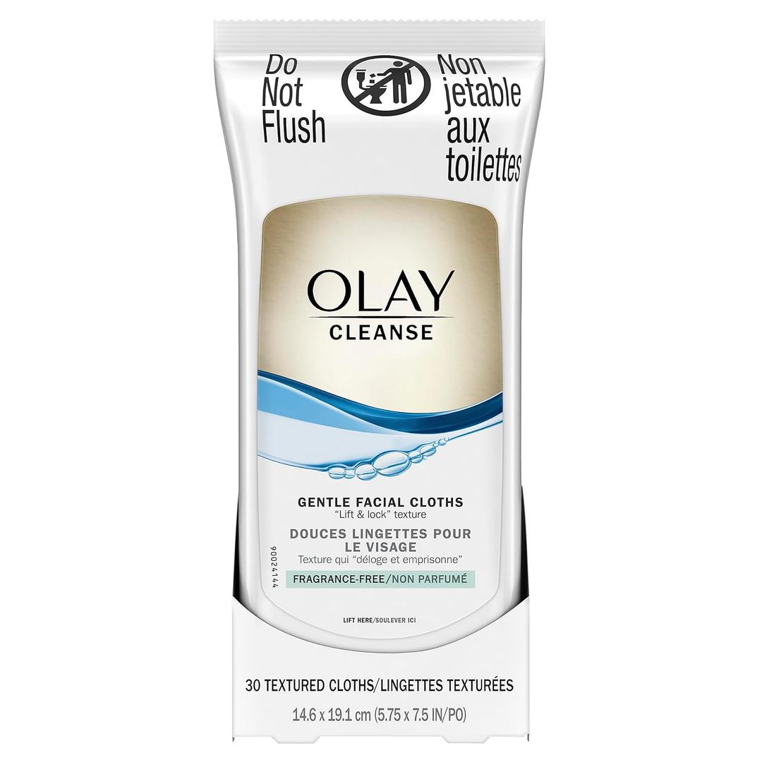 OLAY Wet Cleansing Cloths Gentle Clean, Sensitive/Fragrance-Free 30 Ea (Pack of 2) (30 Count (Pack of 2))