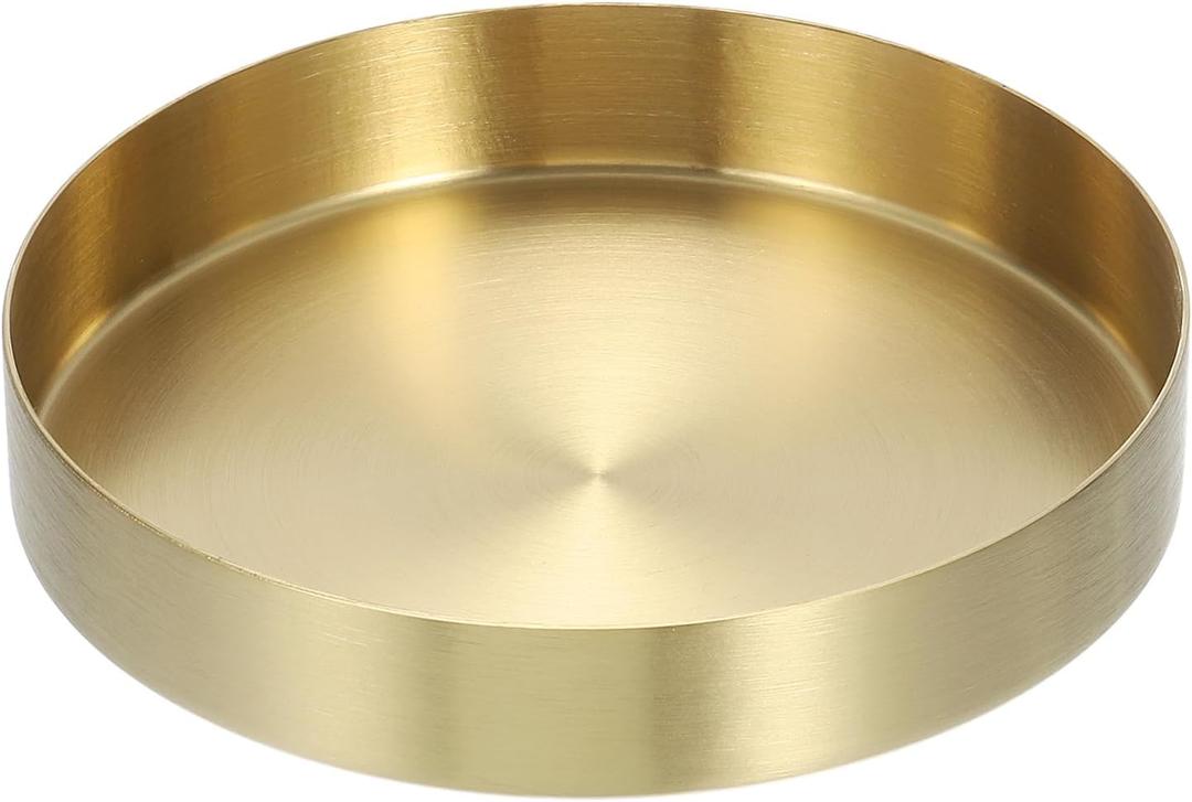 uxcell Stainless Steel Decorative Tray 5" Round Serving Tray Metal Decorative Plate for Jewelry, Makeup, Candle, Kitchen Tableware, Gold