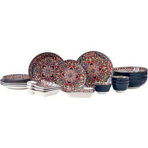 20 Pieces Dinnerware Sets, Boho Large Serving Bowls and Plates Chip Dip Serving Platter Set, Porcelain Dishes Set for 4, Buffet Dinnerware, Bohemian Style Dining Ware Service for 4, Vibrant Blue