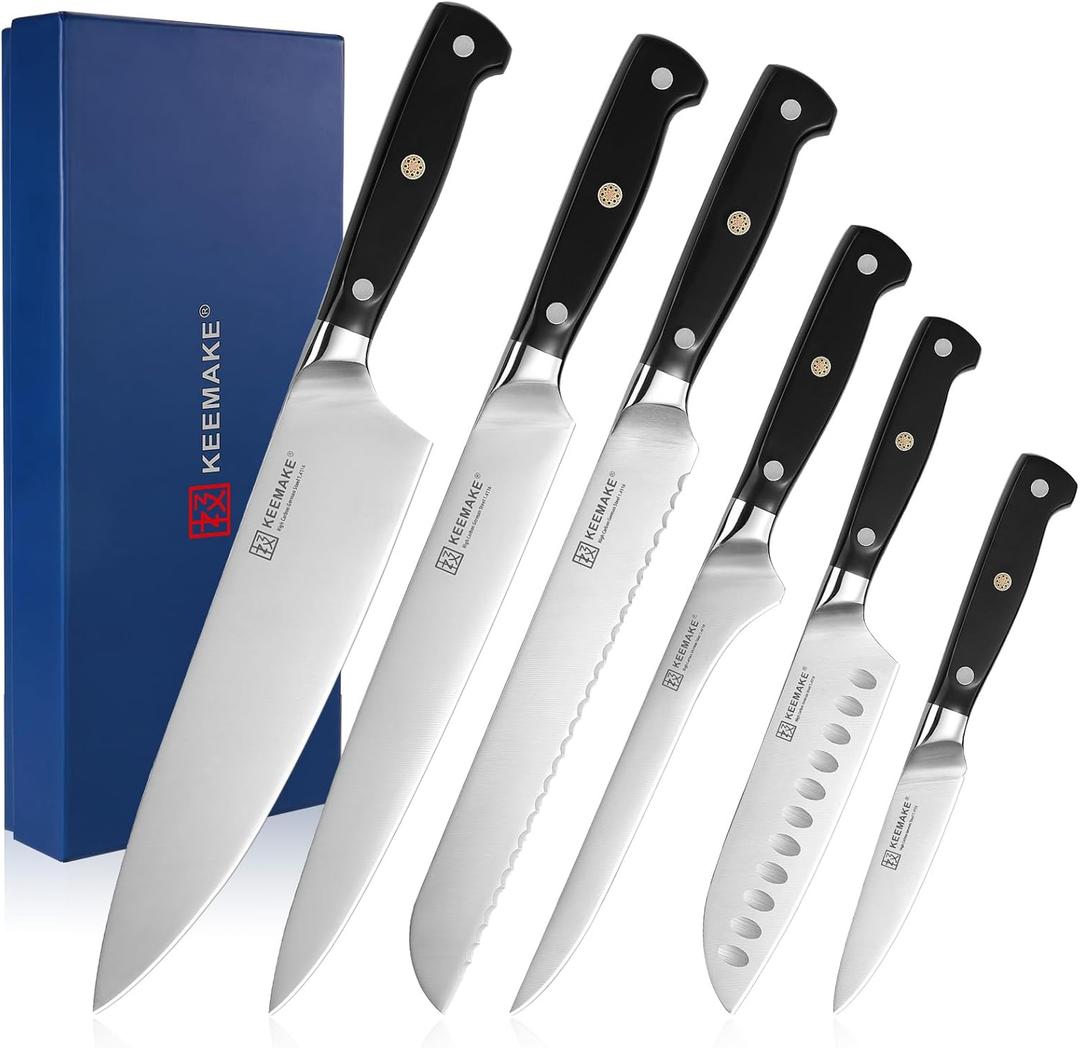 KEEMAKE Chef Knife Set, 6PCS Ultra Sharp Kitchen Knives with Ergonomic Handle, High Carbon Stainless Steel Kitchen Knife Set, Forged Cooking Knife Set for Slicing Meat Vegetable Bread And Fruit