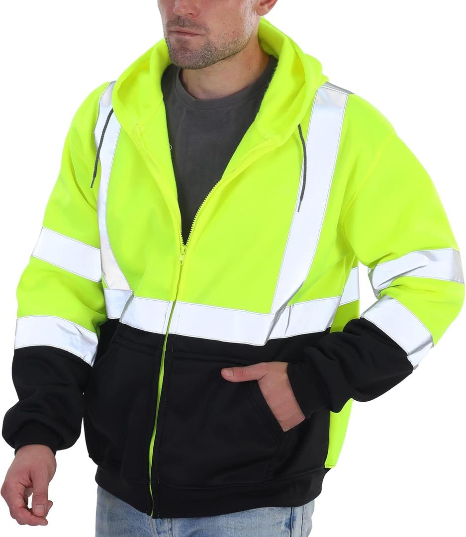 sesafety High Visibility Safety Sweatshirt for Men, Class 3 Reflective Zippered Hooded Sweatshirt, Hi-Vis Safety Hoodie with Black Bottom (Large, Yellow-204)