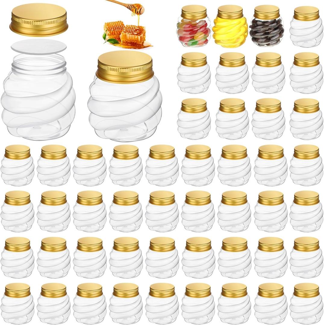 Suclain 50 Pcs 2 oz Mini Honey Jars Party Favors in Bulk Honeycomb Plastic Jars with Gold Lids Wide Mouth Canning Small Containers for Wedding Favors, Baby Shower DIY Gift Jelly Herb Jams Candy