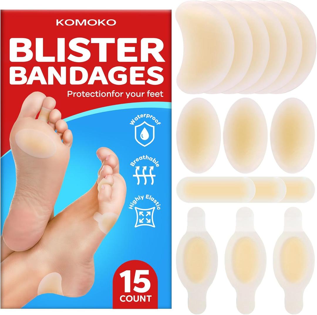 Komoko Blister Bandages for Feet (15 Count), Waterproof Hydrocolloid Blister Bandages, Ultra-Thin Adhesive Blister Pads, Blister Band Aid for Fingers, Toes, Forefoot, Heel Blister Prevention