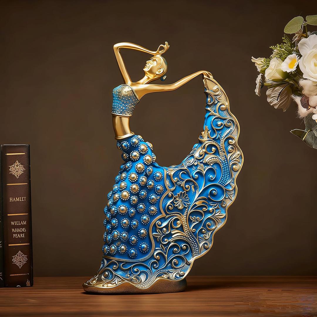 XINDAM Elegant Peacock Art Figurine Dancer Statue Decorative Home & Office Figurines Home Office Display Craft Living Room Decor Ornaments for Tabletop Blue and Gold