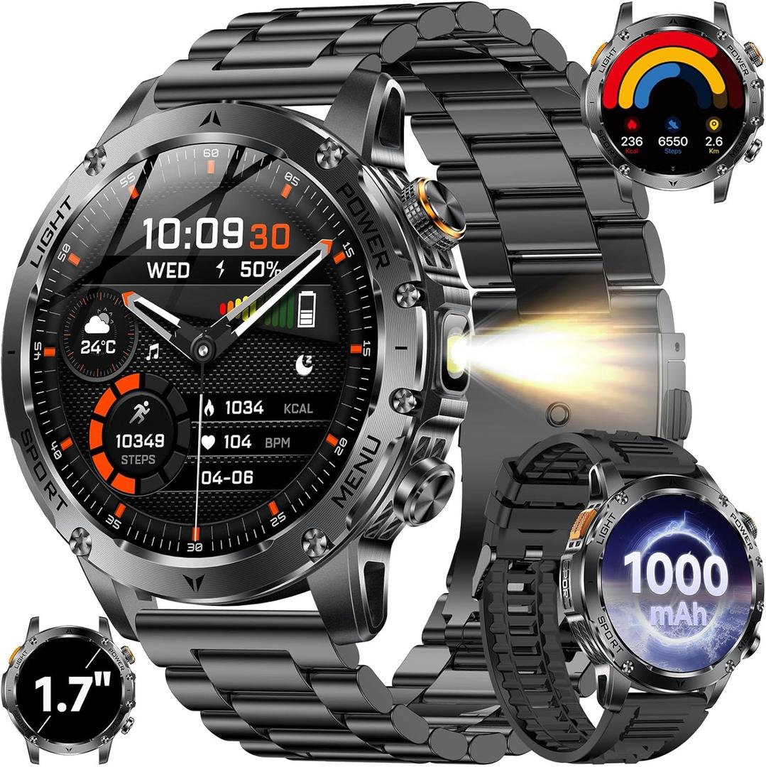 KPEP Military Smart Watches for Men with 2 Straps, 1000mAh Battery/LED Flashlight/IP67 Waterproof Smartwatch, Stress/Blood Oxygen/Heart Rate/Sleep Monitoring, Reminder, Fitness Tracker for iOS Android (Black)