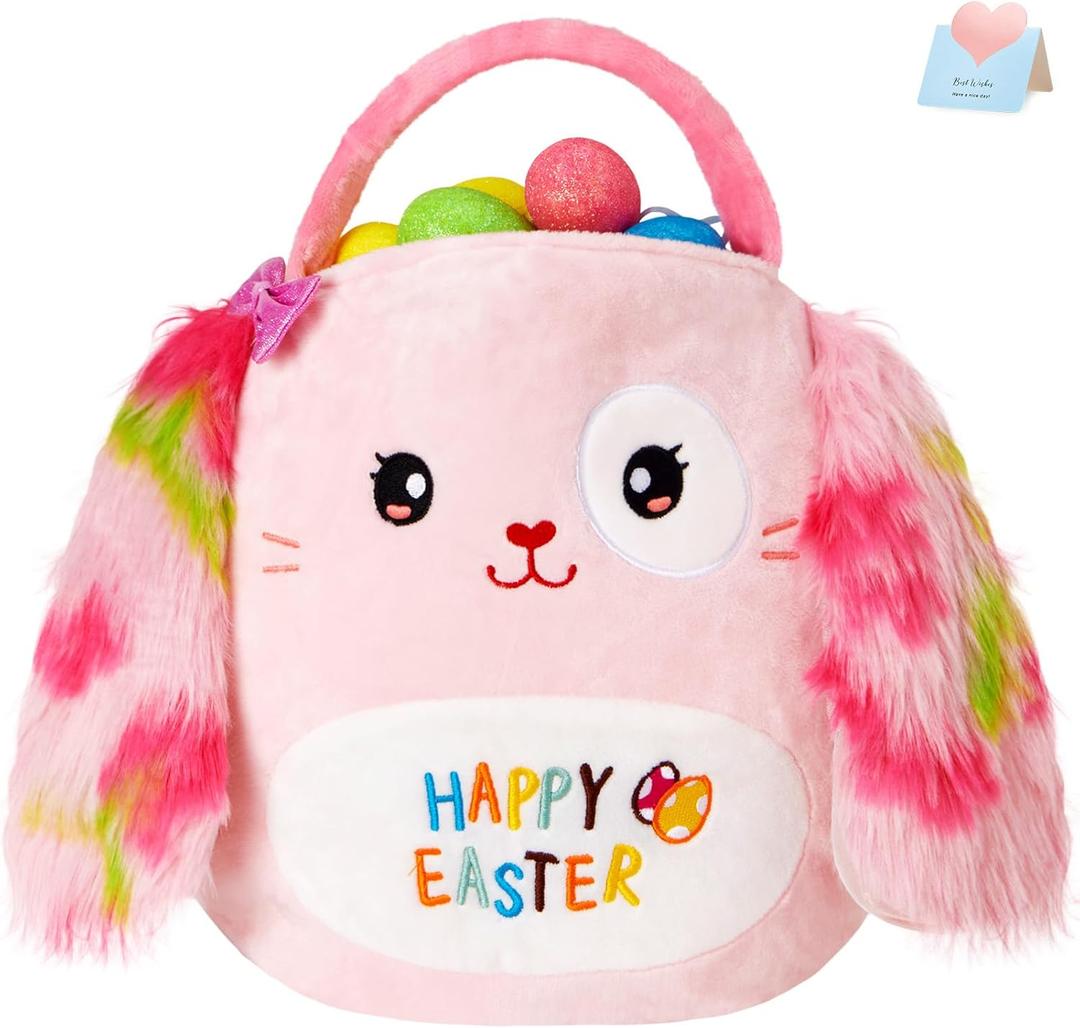 Glow Guards Plush Easter Basket Cute Bunny Easter Treat Pail Ultrasoft Furry Bunny Basket for Easter Egg Hunting,Plush Bucket for Kids & Adults