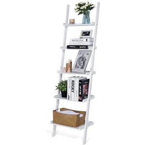 Ladder Shelf 5-Tier Bookshelf – Storage Rack Shelves Wall Leaning Shelf,White Freestanding Plant Flower Stand, Corner Display Bookcase, 13.78d X 16.92w X 65.74h in