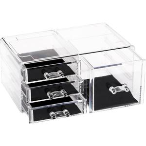 Sea Team Clear Makeup Organizer with Drawers, Acrylic Plastic Cosmetic Display Case, Jewelry Storage Box, Holder for Dresser, Bathroom, Vanity, Countertop (1 Large, 3 Small Drawers)