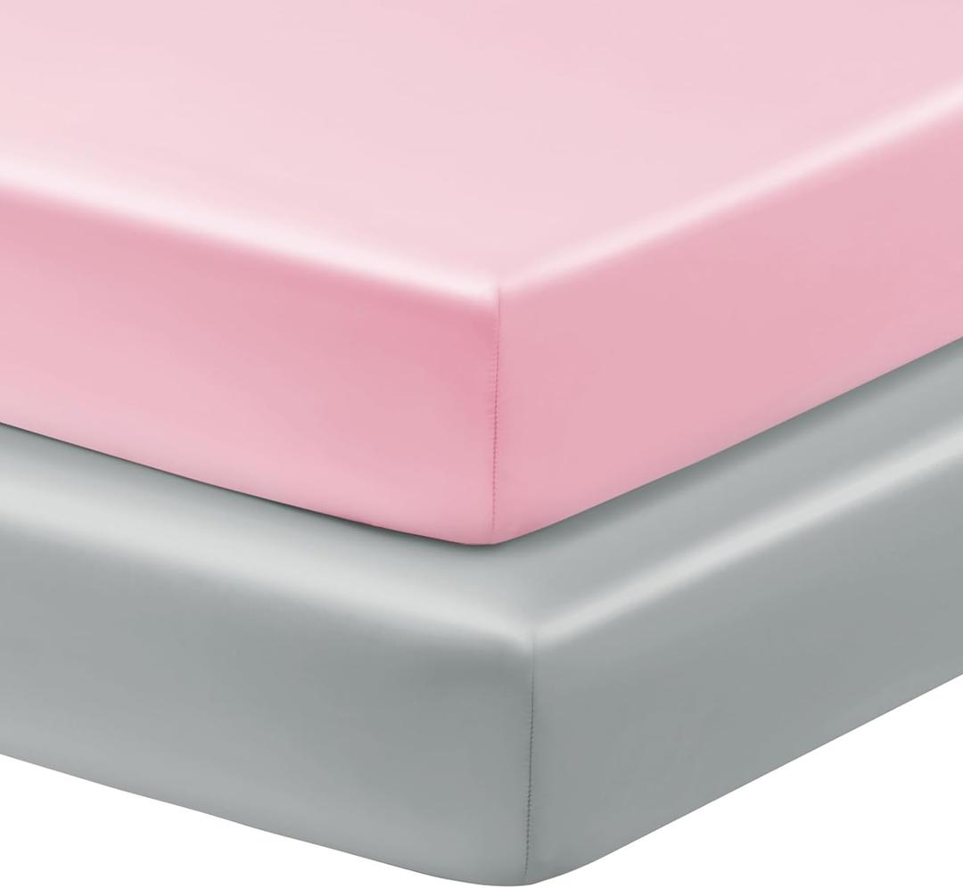 Horbaunal 2 Pack Satin Pack n Play Sheets for Baby with Sensitive Hair and Skin, Silky Mini Crib Sheets 38" x 24" x 5", Soft Playard Sheet Protector Baby Mattress Sheet, Blush Pink & Grey