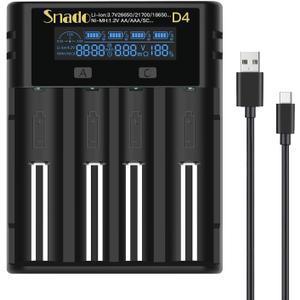 18650 Battery Charger, Snado Universal Smart Charger LCD Display for 3.7v Lithium ion Rechargeable Batteries 18650 21700 18490 17500 16340 14500 RCR123 and 1.2v Ni-MH/Ni-Cd AA AAA C Battery (4 Slots)