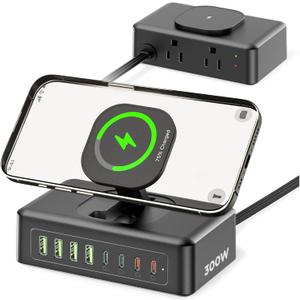 11-in-1 Charging Station USB-C Power Strip, 300W USB C Charger Block, 2AC Outlets 8USB Ports(4USB-C) Surge Protector, 5FT Flat Plug Extension Cord, PD110W Desktop Fast Charging for Home Office, Black