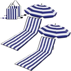 2 Set Beach Chairs with Umbrella Portable Beach Lounger Lightweight Foldable Outdoor Lounger Chair for Adult Outdoor Travel Sunbathing Camping Easy to Fold and Carry (Dark Blue,Stripe Style)