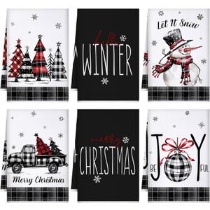 Bencailor 6 Pcs Christmas Kitchen Towels Absorbent Soft Microfiber Farmhouse Dish Towels Sets 16x24inch Winter Christmas Hand Dishcloths for Housewarming Gift(Black and White,Snowman)