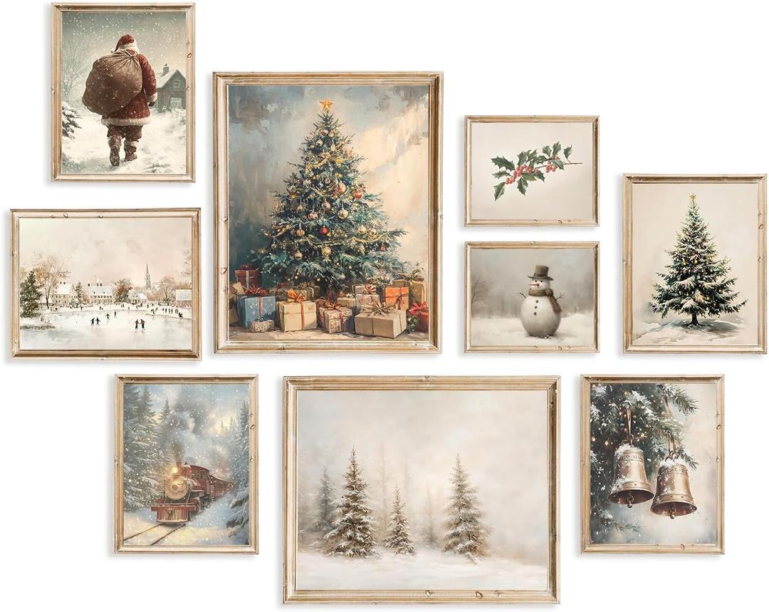 ASTRDECOR Vintage Christmas Wall Art, 9-Piece Winter Holiday Poster Set, Santa, Snowman, Pine Tree Prints for Cozy Xmas Room Dcor, Largest 11"x14", Multi Sizes, Christmas Picture Decorations Unframed