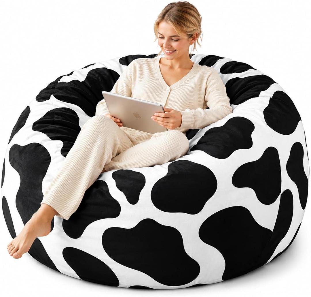 Bean Bag Chair Cover (No Filler), 4-Feet, Dutch Velvet Washable Big Bean Bag Cover, Suitable for Gardens, Living Rooms, Bedrooms, Balconies (Cow Print, 4FT)