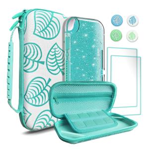 TIKOdirect Carrying Case for Switch lite, Shockproof Portable Travel Bag with Glitter Galaxy cover, Screen Protectors and Cute Leaf Thumb Grips Caps, Animal Crossing Green