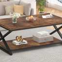 HSH Rustic Coffee Table with Storage Shelf, Industrial Metal Wood Living Room Table, Farmhouse Minimalist Rectangle Center Table, Vintage Simple 2 Tier Cocktail Tea Table, Rustic Brown, 47 Inch