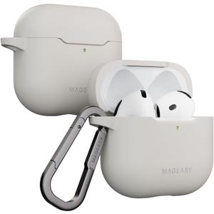 MAGEASY Skin Case for AirPods 4 (2024) with Carabiner Clip, Shockproof Protective TPU AirPods 4th Generation Cover, Stain-Resistant, Smooth Soft-Touch, Wireless Charging Compatible (Starlight White)