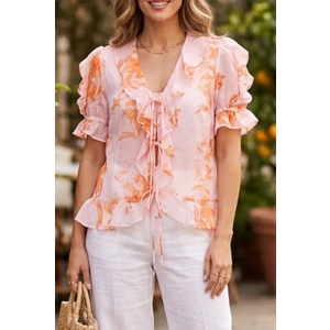 Women Boho Floral Tops, Summer Puff Short Sleeve Dressy Casual Shirts, XS Pink