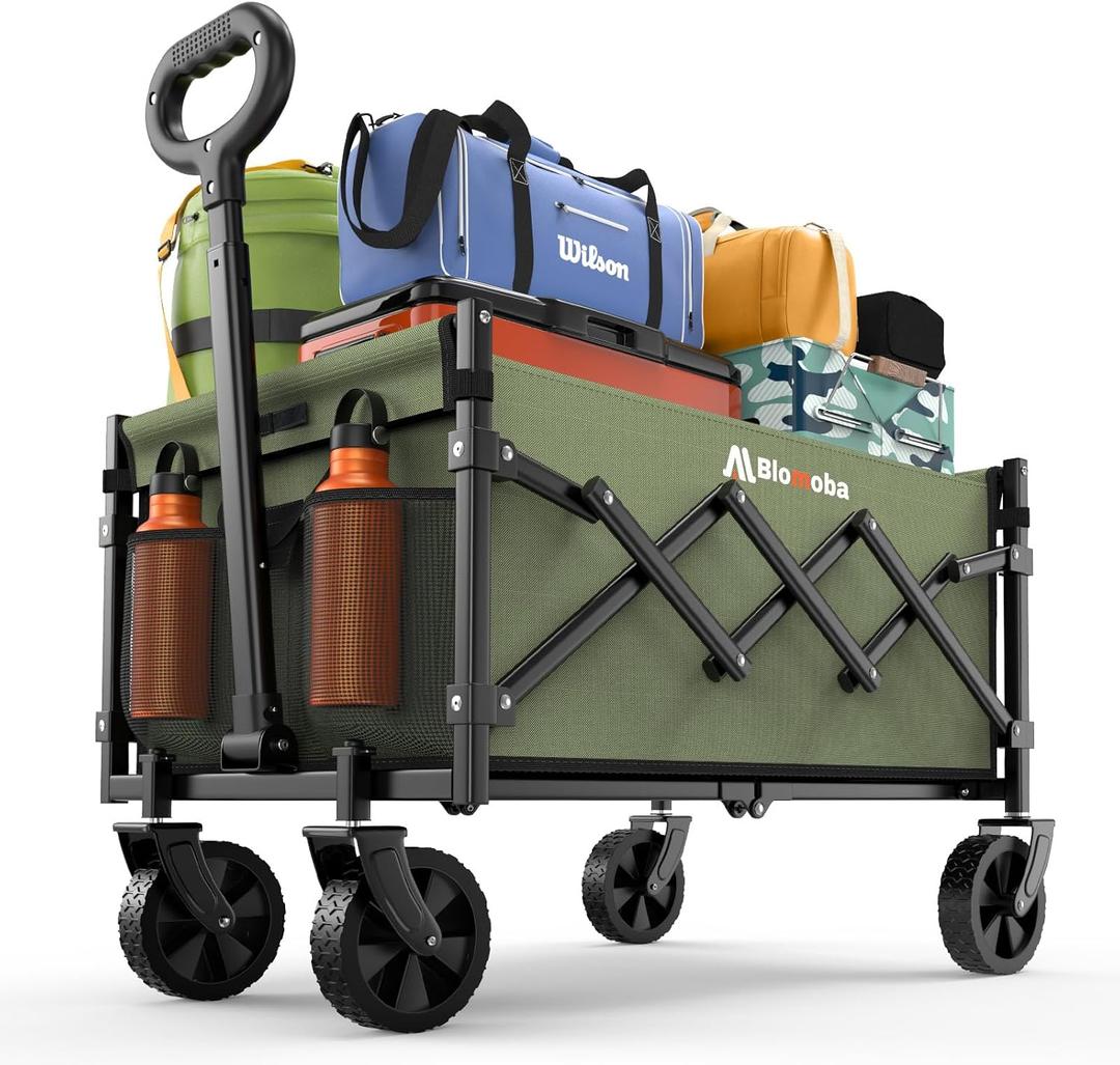 Collapsible Wagon with Wheels, 220 lbs Wagons Carts Foldable Wagon Cart with Flexible Handle, Lightweight Portable Folding Utility Grocery Shopping Cart for Grocery Sports Garden Camping, Green (Medium)