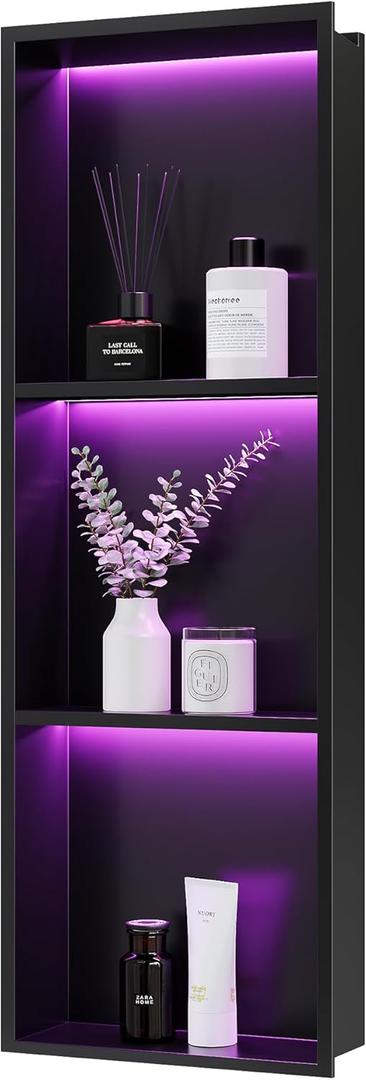 3-Tiers 12x36Inch Wall Niche with RGB LED Light Strips, Matte Black Shower Niche Shelf Cabinet, Stainless Steel Bathroom Shelf, NO Tile Needed Recessed Waterproof Storage Organizer