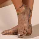 Ultra Comfortable Mesh Flats for Women Fishnet Sandals Low Heel Slip on Rhinestone Shoes, 7, Gold