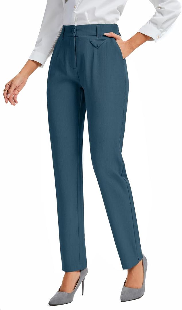 FUNYYZO Women's Stretch Business Work Pants with Pockets Wear to Work Casual Suitpants Long Straight Trousers Blue 10