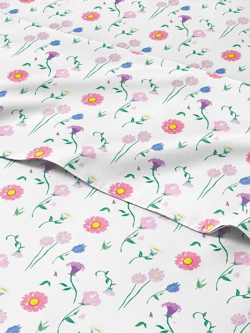 Kids Queen Size Floral Bed Sheets - 4 Piece Floral Sheet Set - Flower Themed Bedding - Ultra-Soft, Cute & Cozy - Breathable & Machine Washable - Pink Flower Bed Set for Boys, Girls, Teens and Toddlers