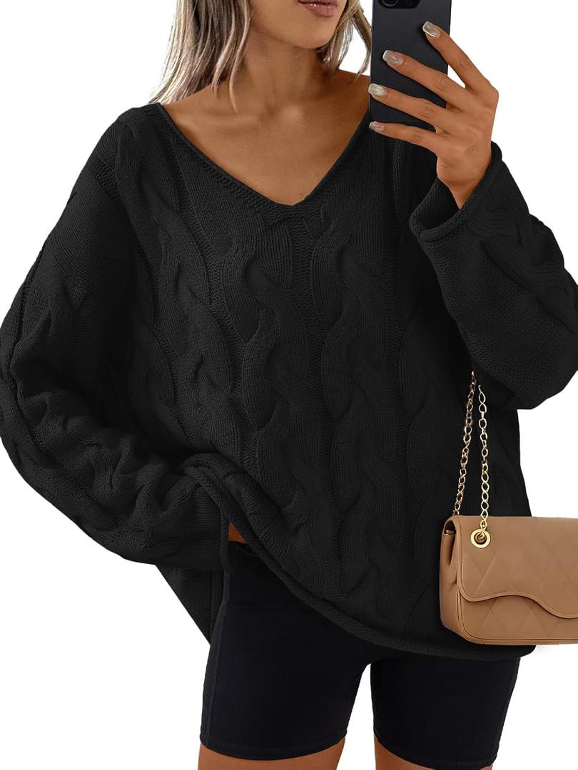 Trendy Queen Oversized Long Sleeve V Neck Cable Knit Sweaters (Medium, Black)