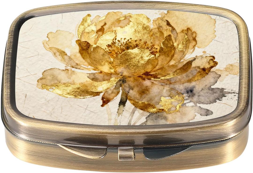 Dynippy Pill Case Pill Box with Mirror Retro Pocket 2 Compartment Medicine Case Vitamin Pill Organizer for Pocket Purse and Travel (A-Golden Flower)