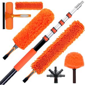 26FT High Reach Duster Cleaning Kit with 5-20 FTExtension Pole, High Ceiling Fan Cleaner Duster Tool for Fan Blades, Extendable Reusable Cobweb, Feather, Window Cleaning Squeegee Kit(20FT)
