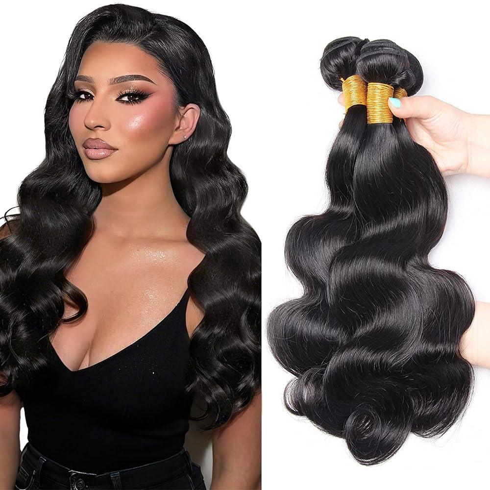 30 32 34 Inch Body Wave Bundles Color #1B Body Wave Bundles Human Hair Natural Black Bundle Unprocessed Double Weft Bundle Hair Extensions 150g