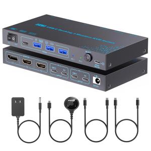 KVM Switch 3 Monitors 2 Laptops 4K@60Hz, USB C KVM Switcher with PD Charging Function for 2 Computer Share 3 Display-2 HDMI + 1 DP, No Driver Required