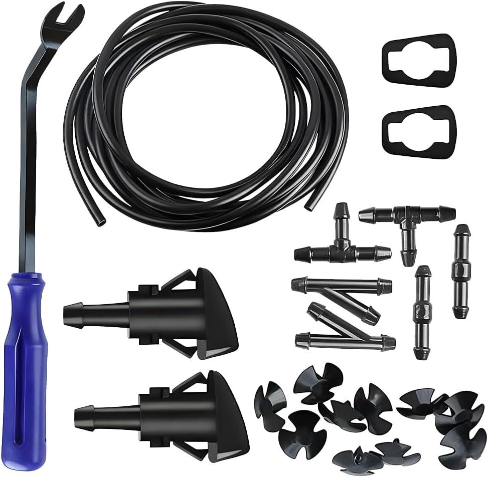 22PCS 4 m Windshield Washer Hose Kit with Fan Nozzles, Blue | flexible rubber hose, trims to length, multiple connectors, fan nozzles and clips, helps clear windshield grime